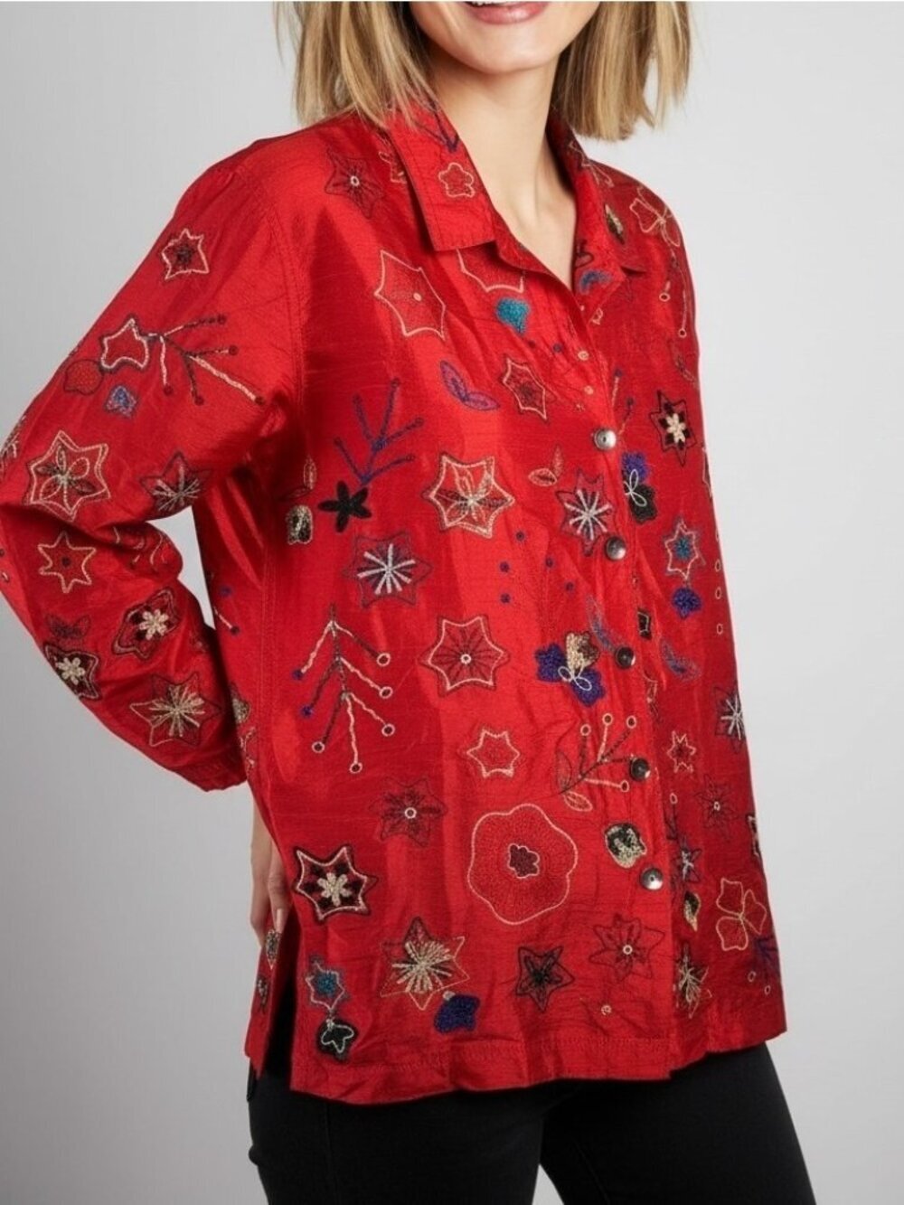 Vintage Chico's Red Embroidered 100% Silk Shirt Jacket Size 3/XL Art-to-Wear